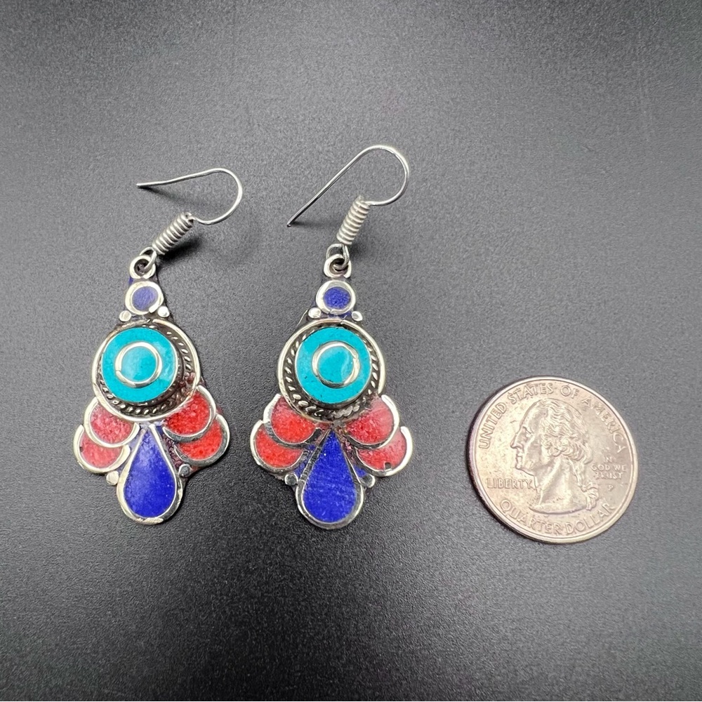 Tibetan Silver Earrings: turquoise, coral lapis